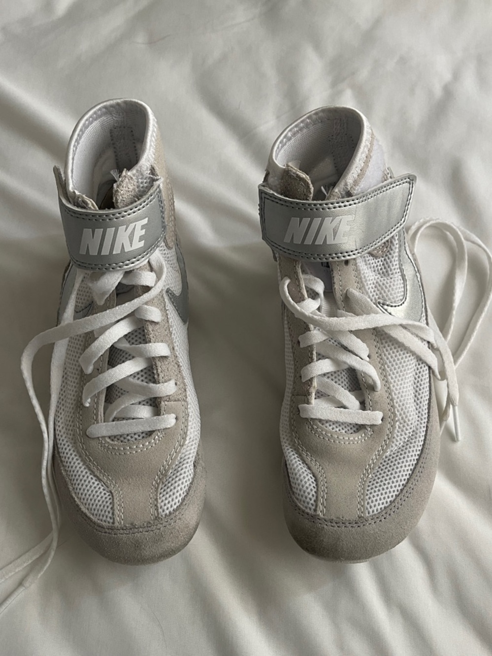 Nike Wrestling White and Light Gray High-Top Sneakers with Ankle Strap